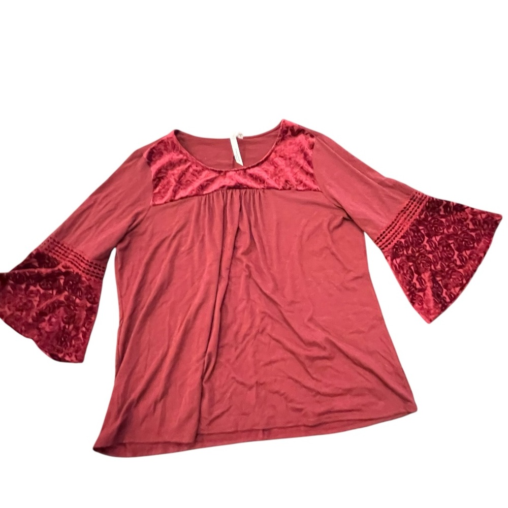 NY Collection 3/4 Bell Sleeve Roses Velvet Scoop Neck Top Blouse Boho 2X Peasant